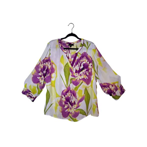 Worthington Tops - Worthington Plus Size 3X Floral V-Neck Blouse Purple Lime Green White 3/4 Sleeve